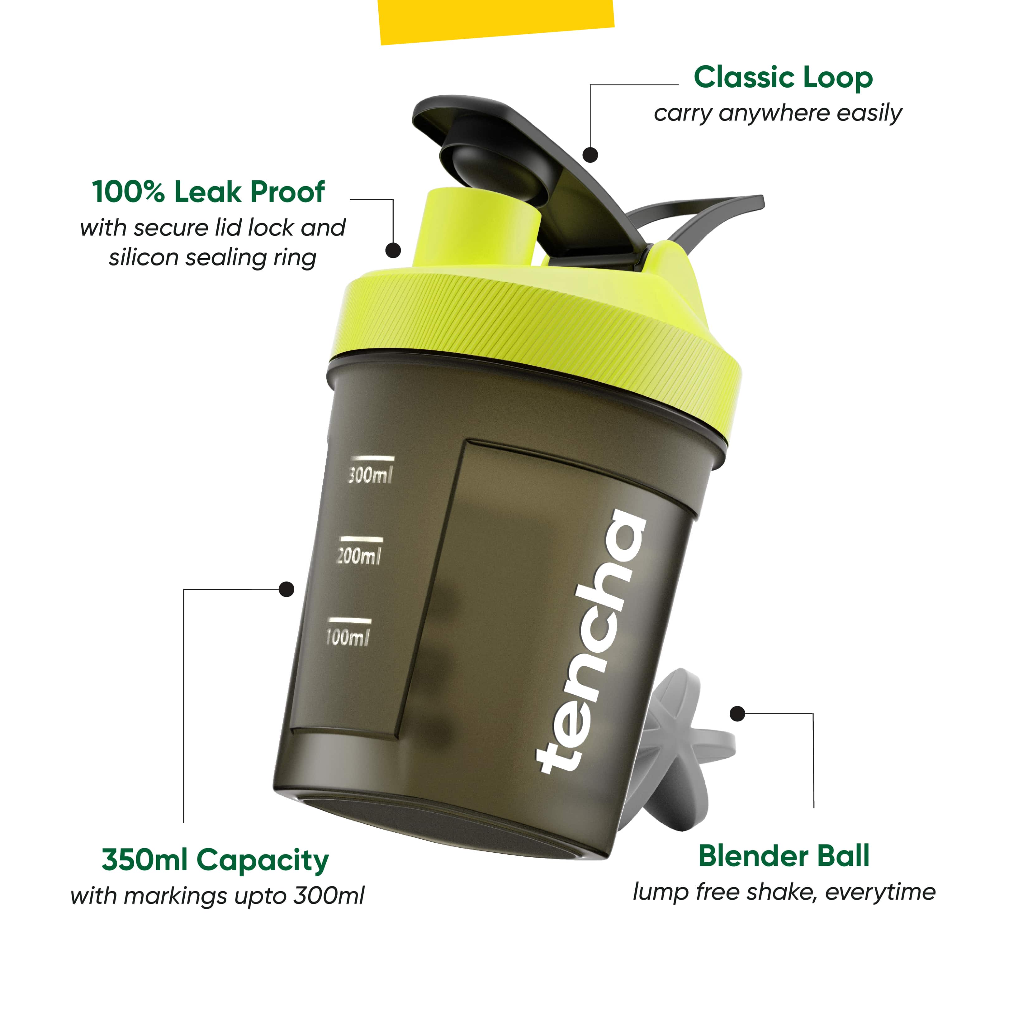 Tencha Blends Gym Shaker with mixer ball | Shake for Pre-Workout & Protein Shake | Leak Proof | 100% Reusable | BPA Free | 350 ml