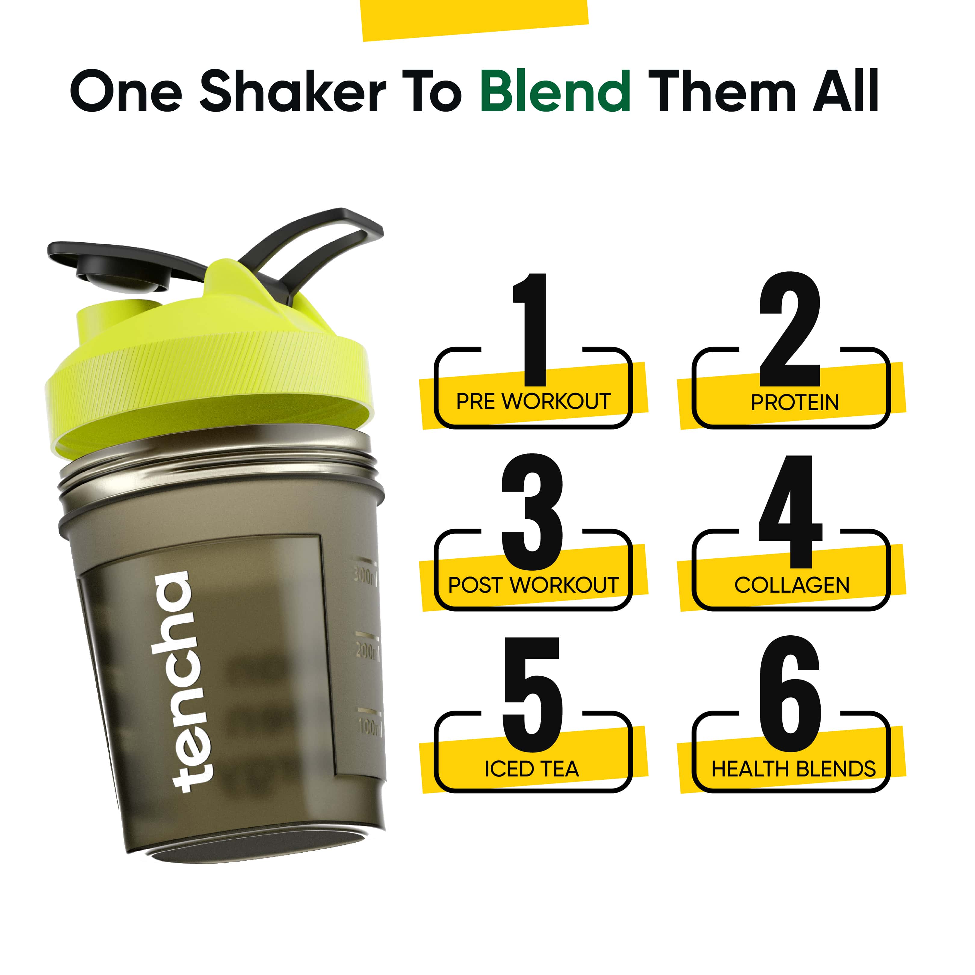 Tencha Blends Gym Shaker with mixer ball | Shake for Pre-Workout & Protein Shake | Leak Proof | 100% Reusable | BPA Free | 350 ml